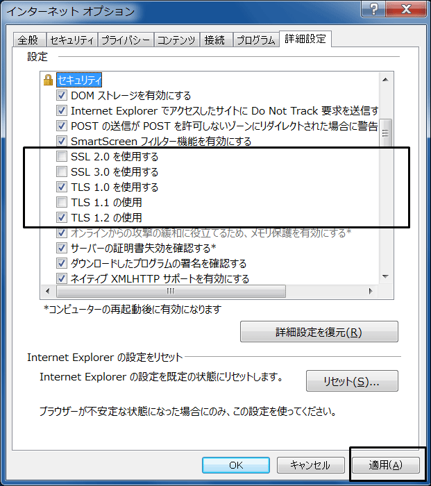 インターネットオプション詳細イメージ