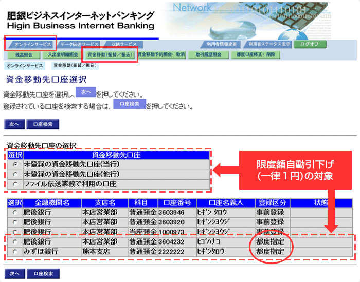 オンラインサービスの資金移動 事前登録先以外 限度額の自動引下げについて 肥銀ビジネスインターネットバンキングサービス 法人 個人事業主のお客さま 肥後銀行