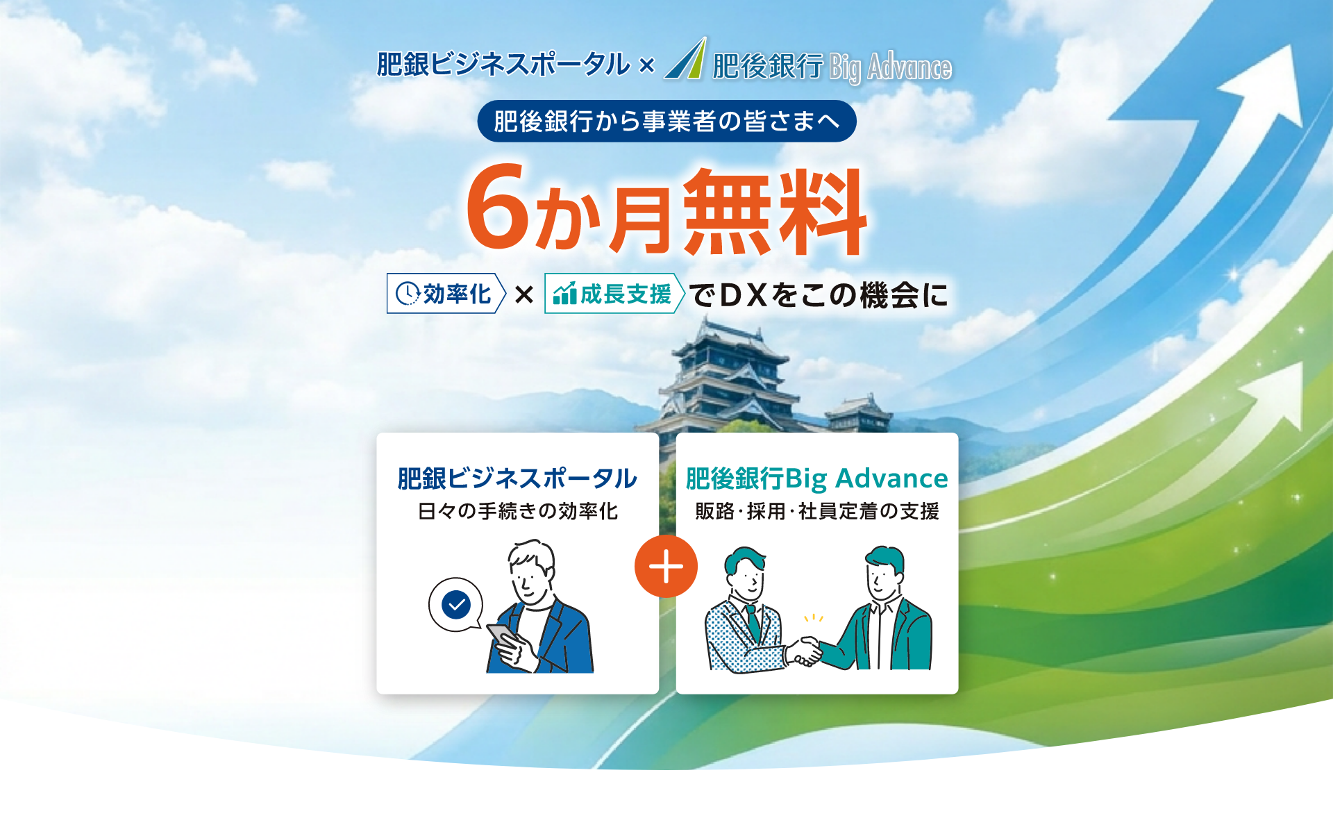 肥銀ビジネスポータル×肥後銀行BigAdvance　肥後銀行から事業者の皆さまへ 6か月無料 効率化×成長支援でDXをこの機会に 「肥銀ビジネスポータル」日々の手続きの効率化、「肥後銀行Big Advance」販路・採用・社員定着の支援