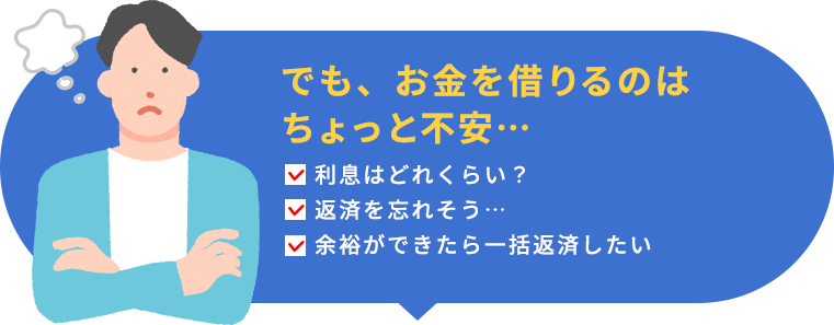 でもお金を借りるのはちょっと不安。利息はどれくらい？　返済を忘れそう…　余裕ができたら一括返済したい