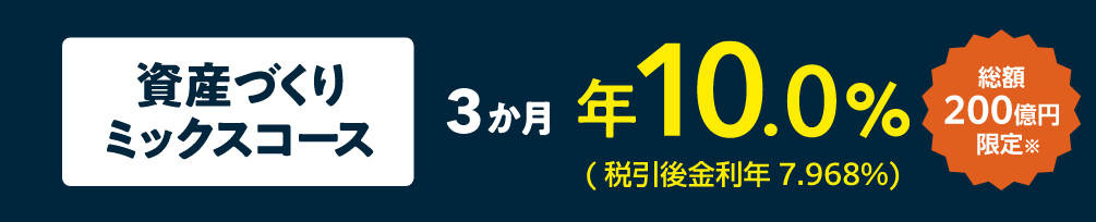 資産づくりミックスコース（円定期預金＋投資信託・金銭信託）3か月/年10.0%(税引後金利年7.968%)総額200億円限定（※）