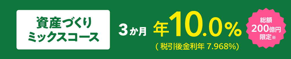 資産づくりミックスコース（円定期預金＋投資信託・金銭信託）3か月/年10.0%(税引後金利年7.968%)総額200億円限定（※）