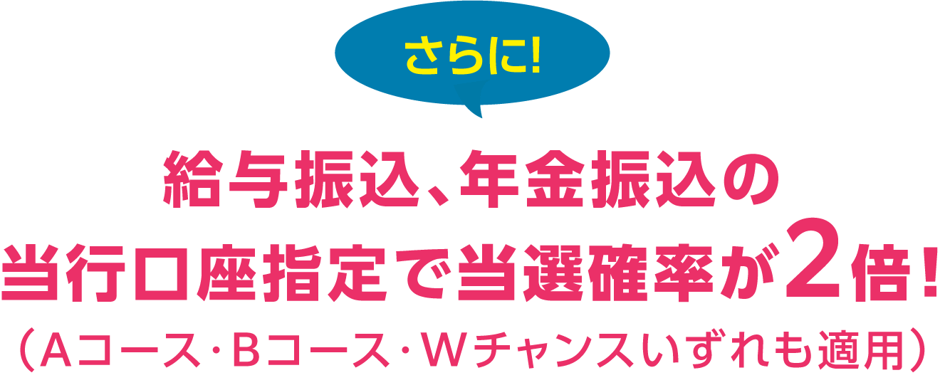 さらに！給与振込、年金振込の当行口座指定で当選確率が2倍！（Aコース・Bコース・ダブルチャンスいずれも適用）