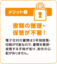 メリット② 書類の整理・保管が不要！ 電子交付の書類は5年間閲覧・印刷が可能なので、書類を整理・保管する手間が省け、紛失の心配がありません。