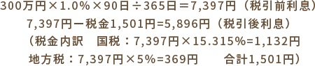 300万円×1.0％×90日÷365日＝7,397円（税引前利息）
7,397円ー税金1,501円=5,896円（税引後利息）（税金内訳　国税：7,397円×15.315％=1,132円　地方税：7,397円×5％=369円　合計1,501円）