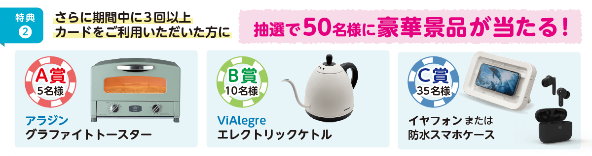 特典2　さらに期間中に3回以上カードをご利用いただいた方に抽選で50名様に豪華景品が当たる！