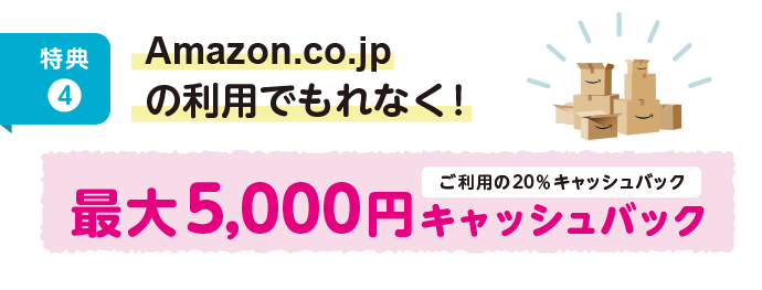 Amazon.co.jpの利用でもれなく最大5,000円キャッシュバック（ご利用の20％キャッシュバック）