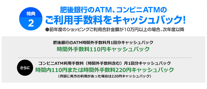 [特典2] 肥後銀行のATM、コンビニATMのご利用手数料をキャッシュバック