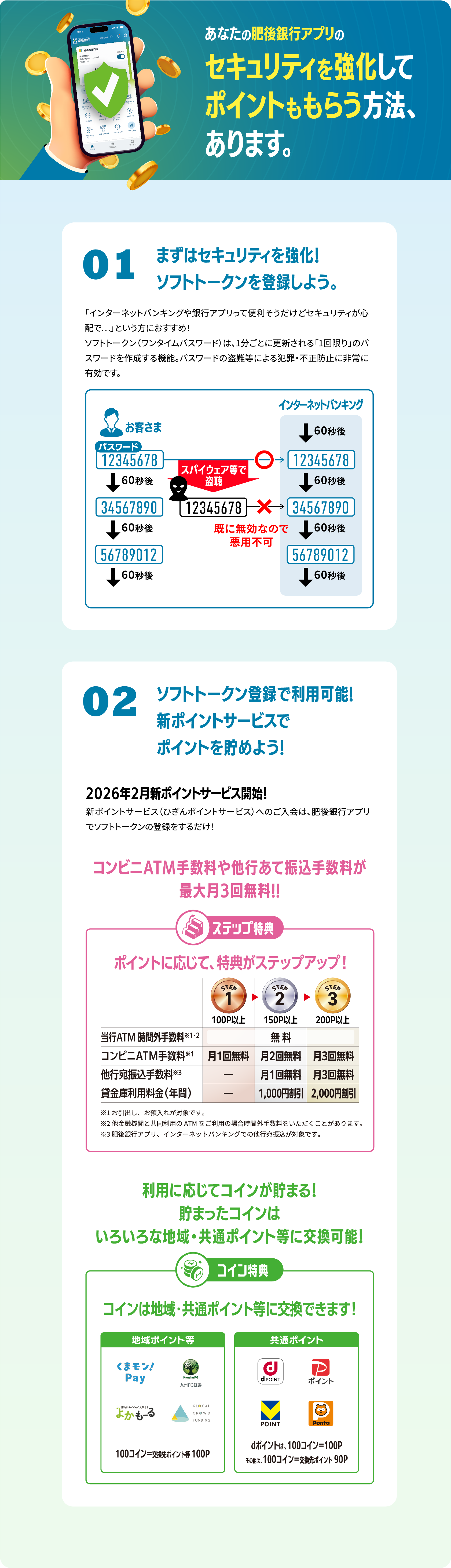 あなたの肥後銀行アプリのセキュリティを強化してポイントももらう方法、あります。01 まずはセキュリティを強化！ソフトトークンを登録しよう。 02 ソフトトークン登録で利用可能!新ポイントサービスでポイントを貯めよう!